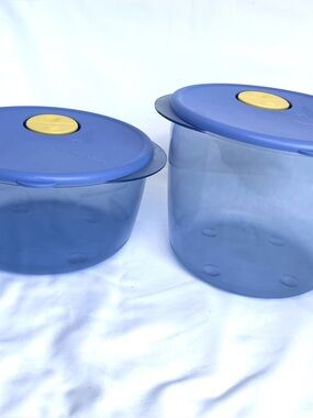 Two VTG Tupperware Rock N Serve Microwave Containers 3.3L & 2L Clear Blue